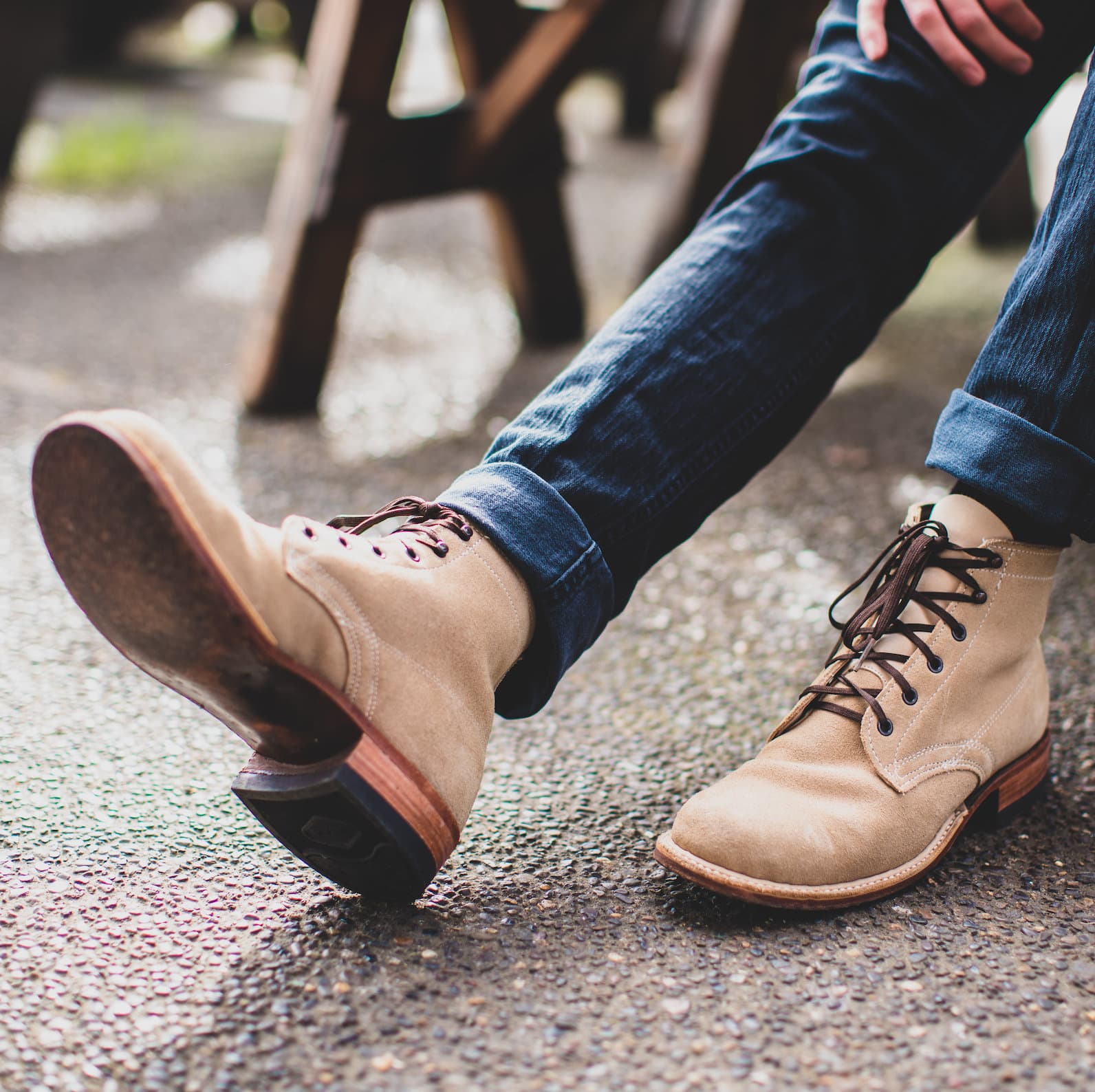 Tan suede work boots, crossed legs, Baker's Boots