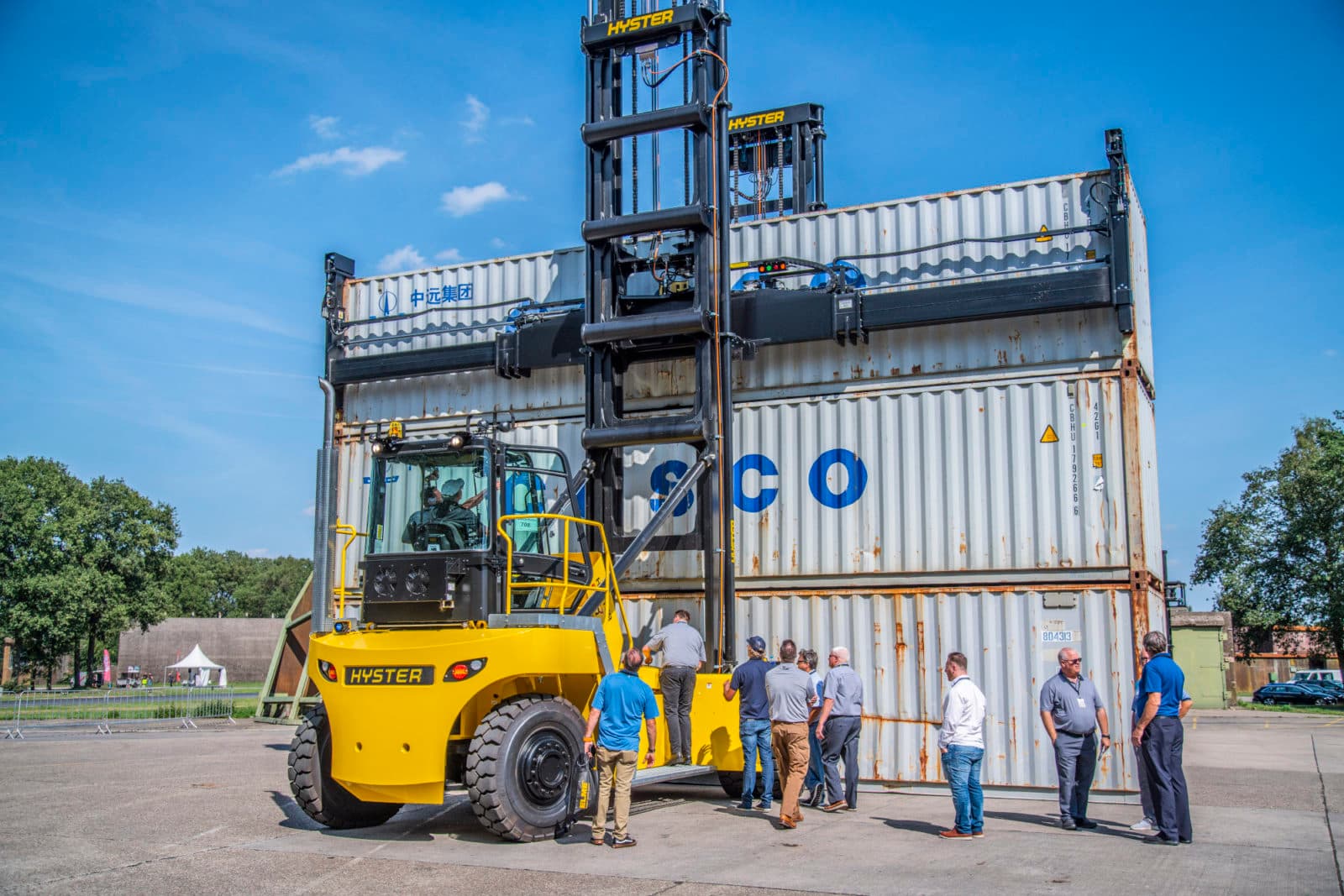 Hyster container handler lifting stacked containers