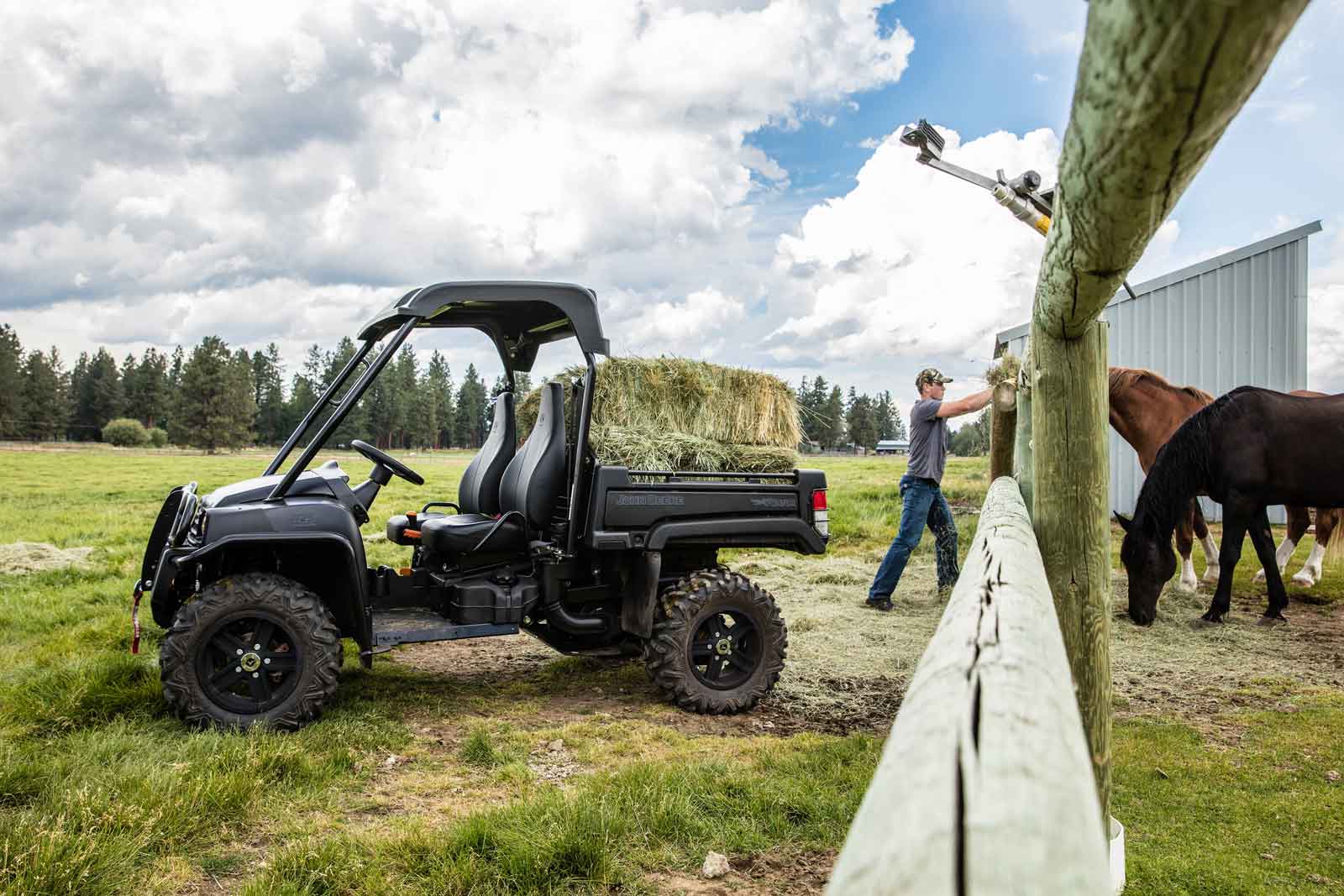 John Deere Gator delivering hay to horses