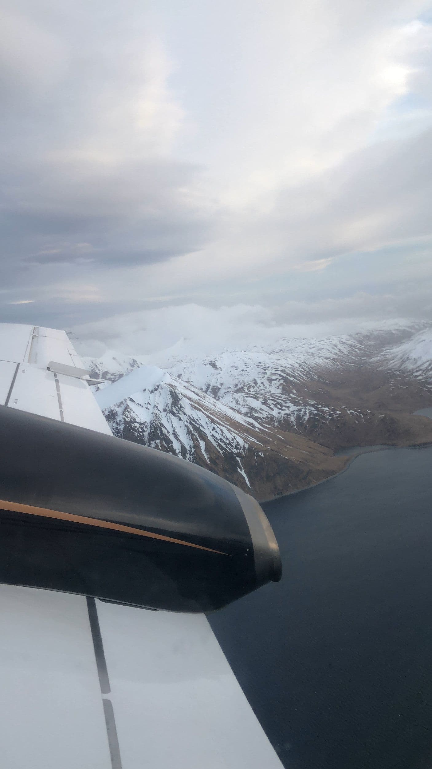 View past plane wing to Alaskan mountains