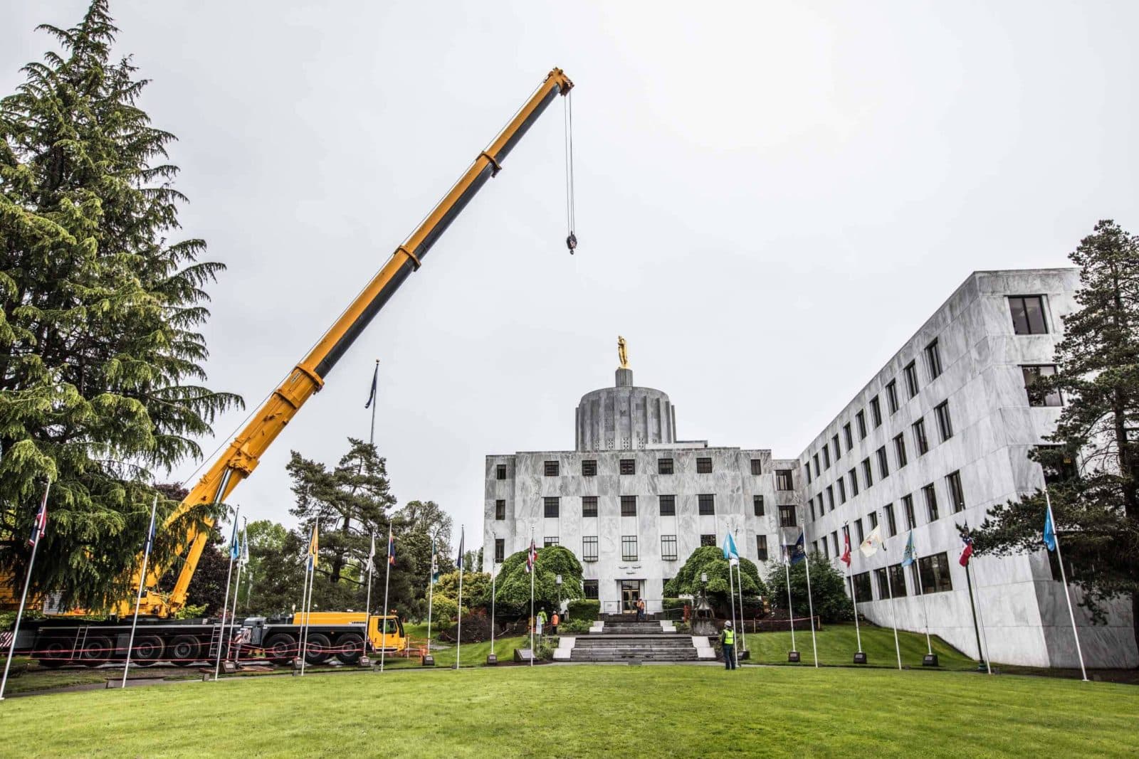 Crane lifting tree at Oregon State Capitol