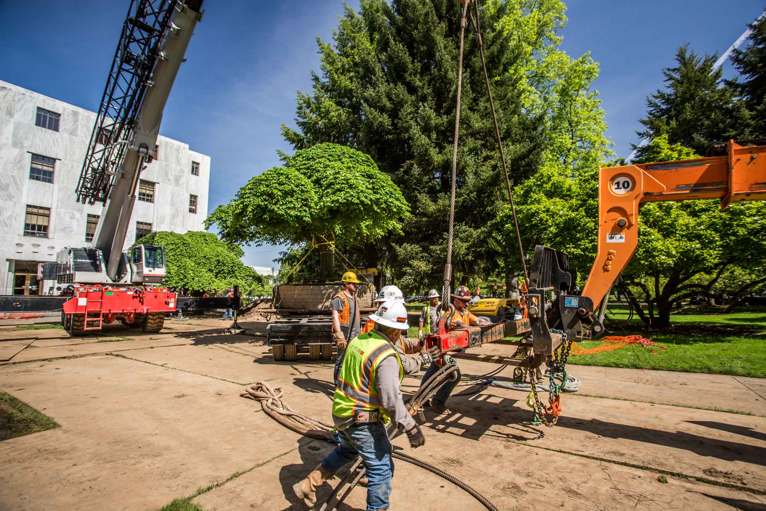 Workers pulling cables near crane, wide-angle