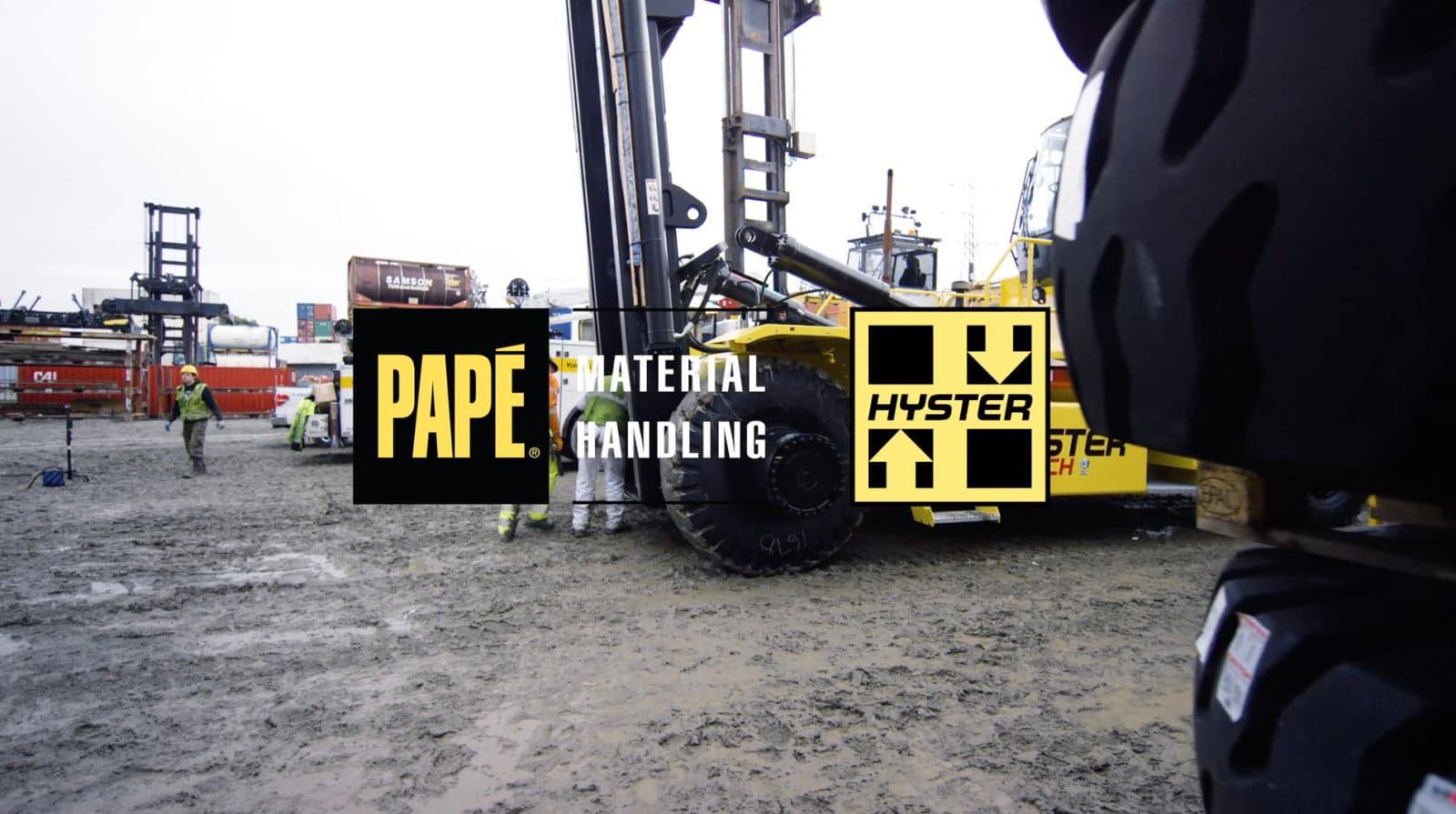 Papé/Hyster logos over forklift in port