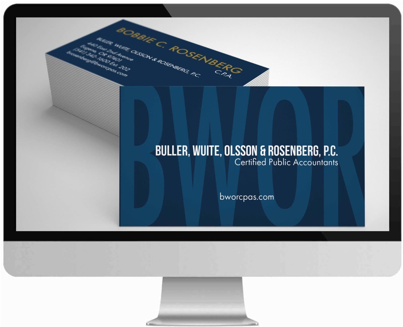 Buller, Wuite, Olsson & Rosenberg business card shown on an iMac