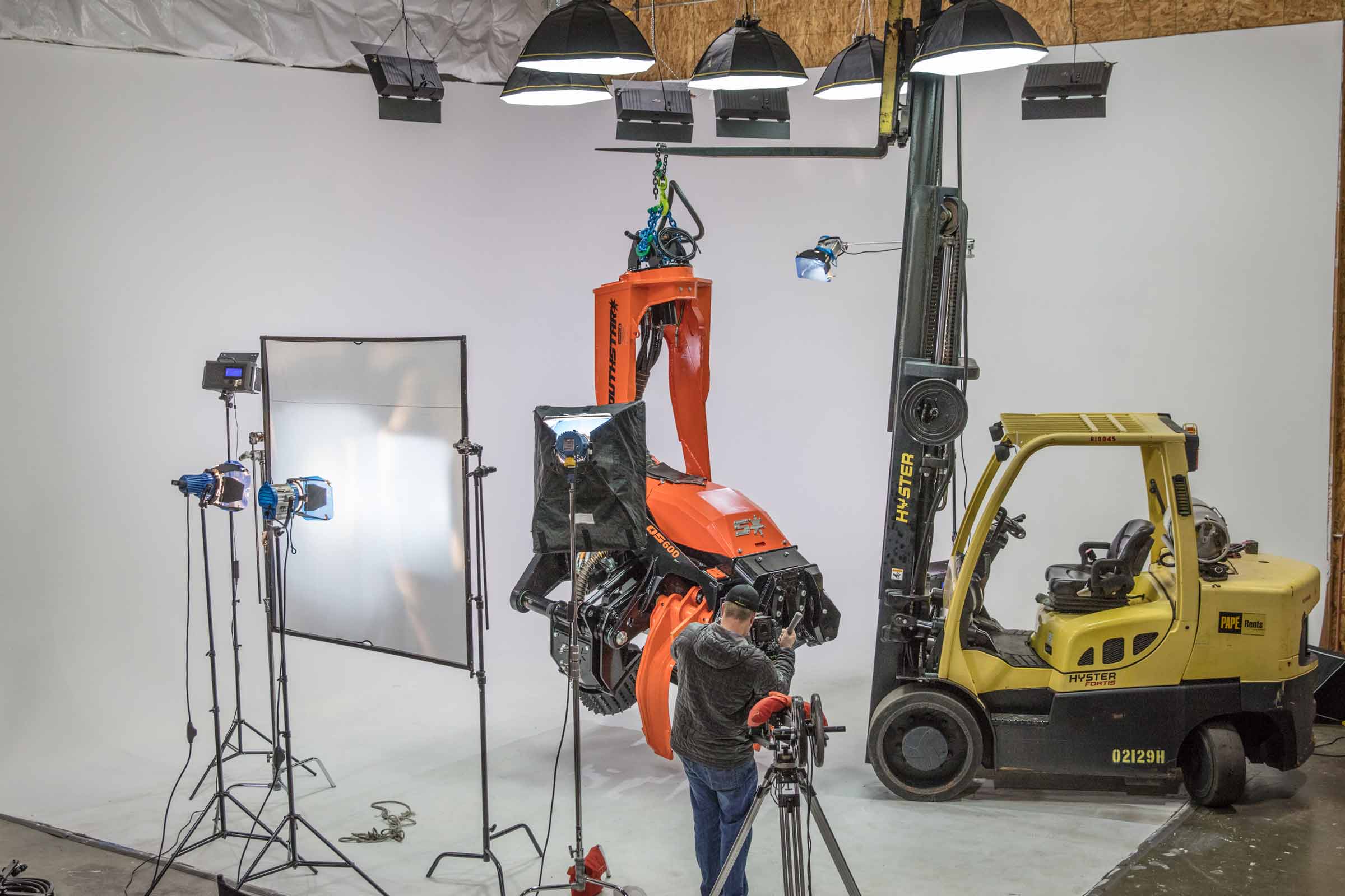 A forklift on the white cyclorama in FPW Media’s studio, lit for a product shoot